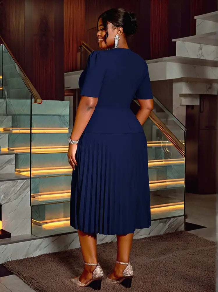 Short Sleeve Office Dress V Neck A Line Pleated with Buttons