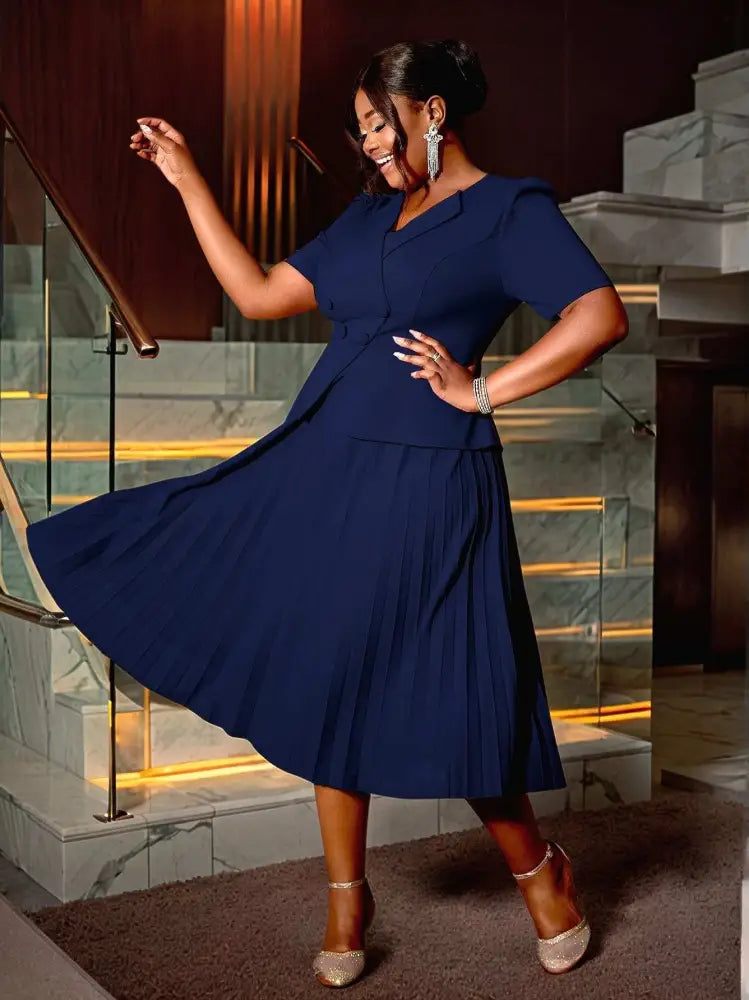 Short Sleeve Office Dress V Neck A Line Pleated with Buttons