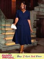 Short Sleeve Office Dress V Neck A Line Pleated with Buttons