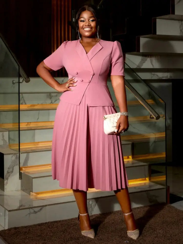 Short Sleeve Office Dress V Neck A Line Pleated with Buttons