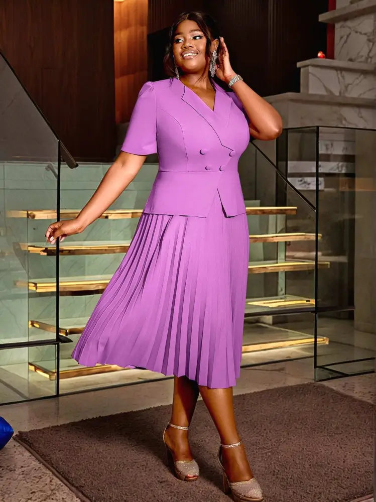 Short Sleeve Office Dress V Neck A Line Pleated with Buttons