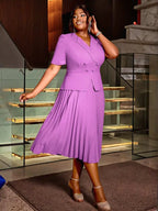 Short Sleeve Office Dress V Neck A Line Pleated with Buttons