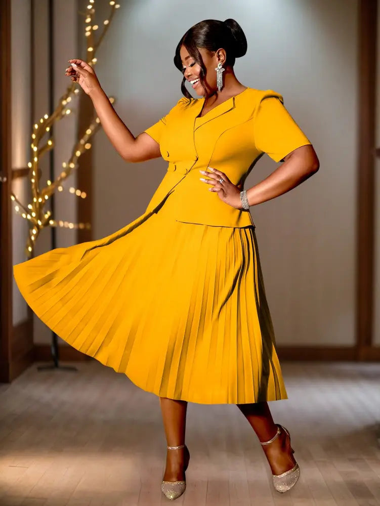 Short Sleeve Office Dress V Neck A Line Pleated with Buttons