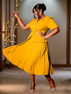 Short Sleeve Office Dress V Neck A Line Pleated with Buttons