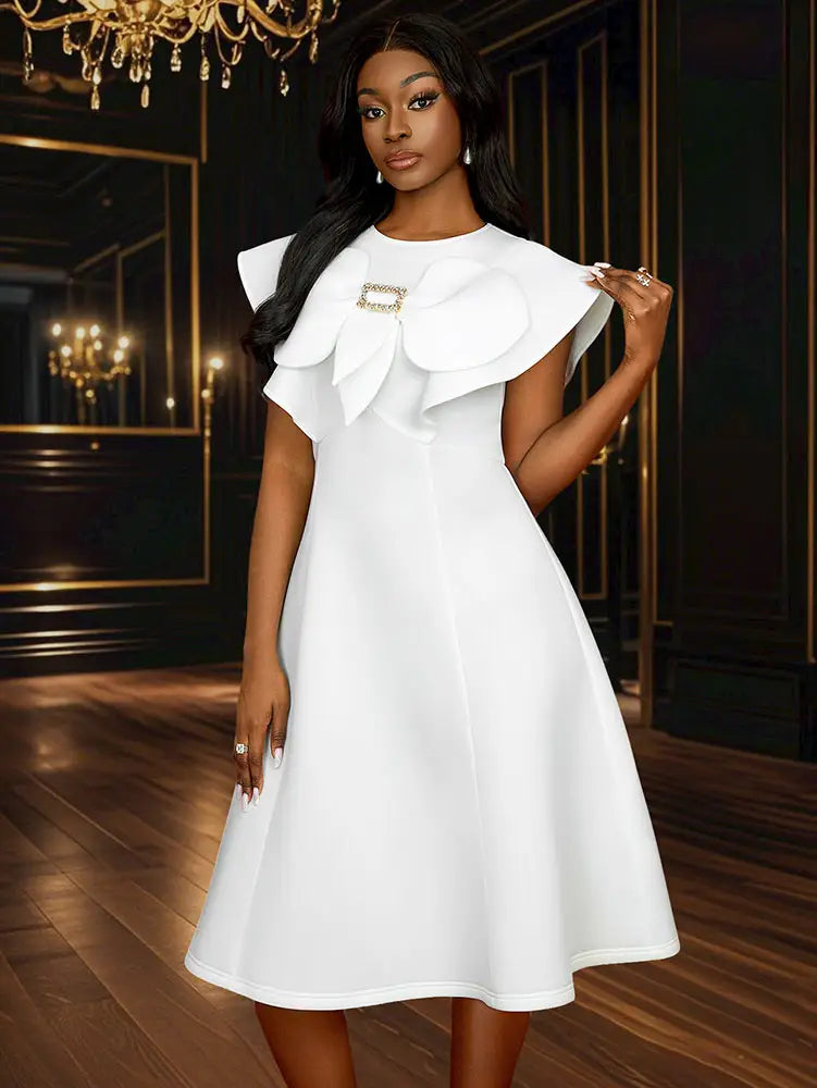 Simple White Wedding Gown O Neck 3D Decoration Bow Dress