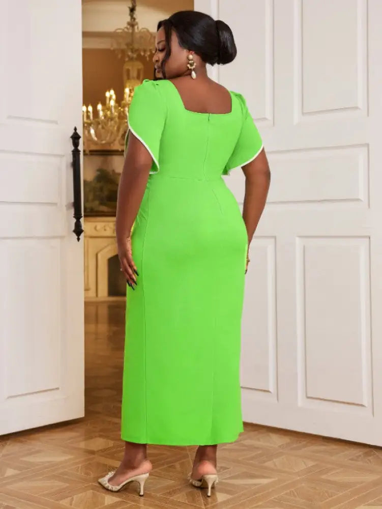 Square Collar Dress Green Short Sleeves Asymmetrical Slit