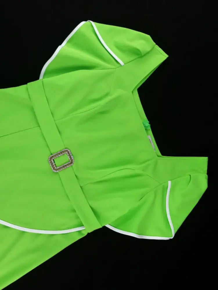 Square Collar Dress Green Short Sleeves Asymmetrical Slit