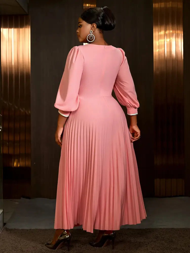 Square Neck Pleated High Waist Color Blocked Maxi Dress Party