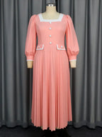 Square Neck Pleated High Waist Color Blocked Maxi Dress Party