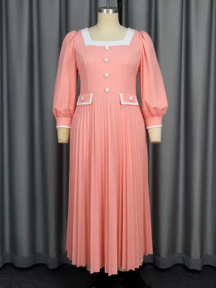 Square Neck Pleated High Waist Color Blocked Maxi Dress Party
