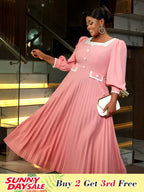 Square Neck Pleated High Waist Color Blocked Maxi Dress Party