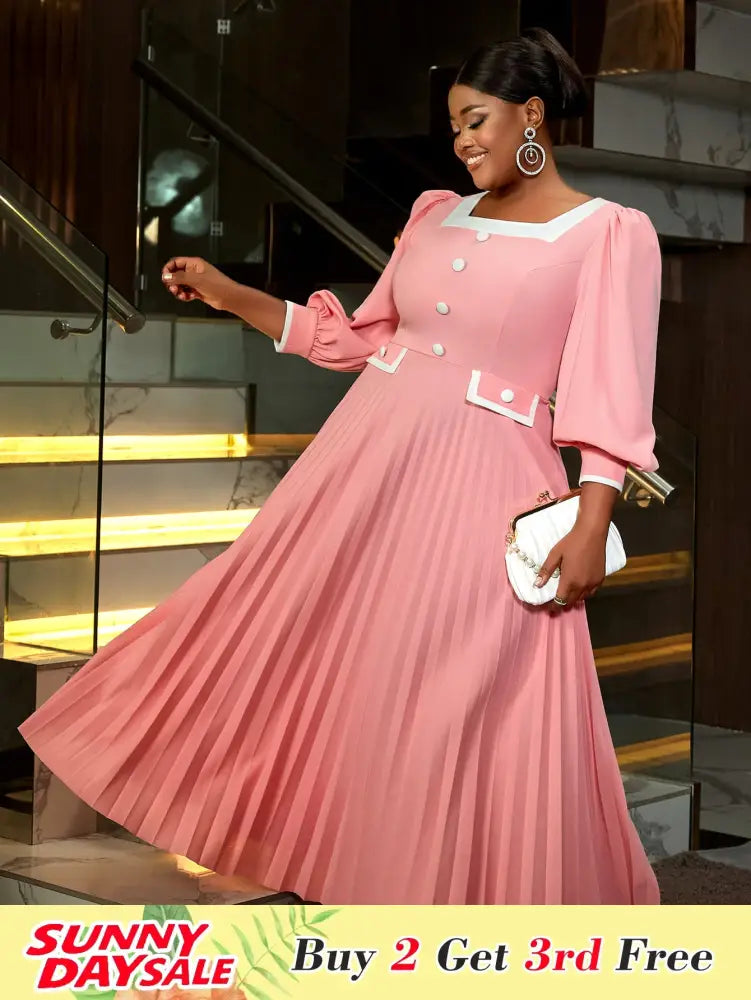 Square Neck Pleated High Waist Color Blocked Maxi Dress Party