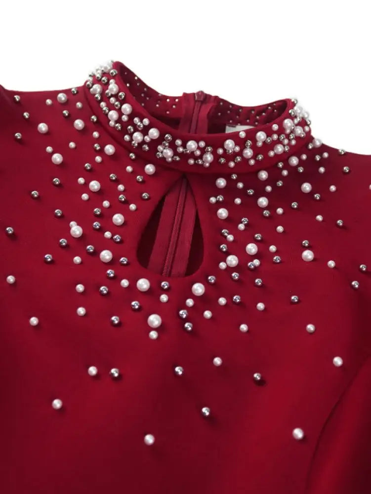 Stand Collar Cut Out Beading Butterfly Sleeve Pencil Dress