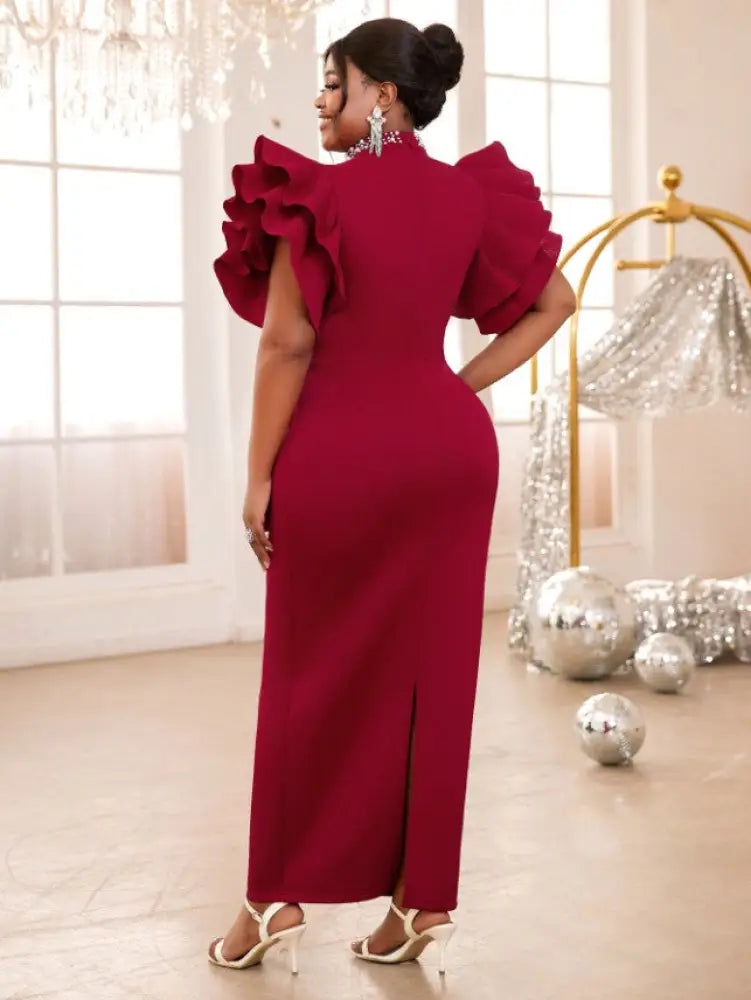 Stand Collar Cut Out Beading Butterfly Sleeve Pencil Dress