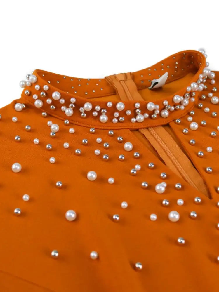 Stand Collar Cut Out Beading Long Sleeves A Line Dress