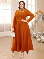 Stand Collar Cut Out Beading Long Sleeves A Line Dress