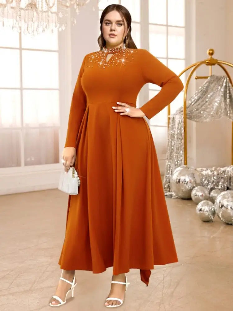 Stand Collar Cut Out Beading Long Sleeves A Line Dress