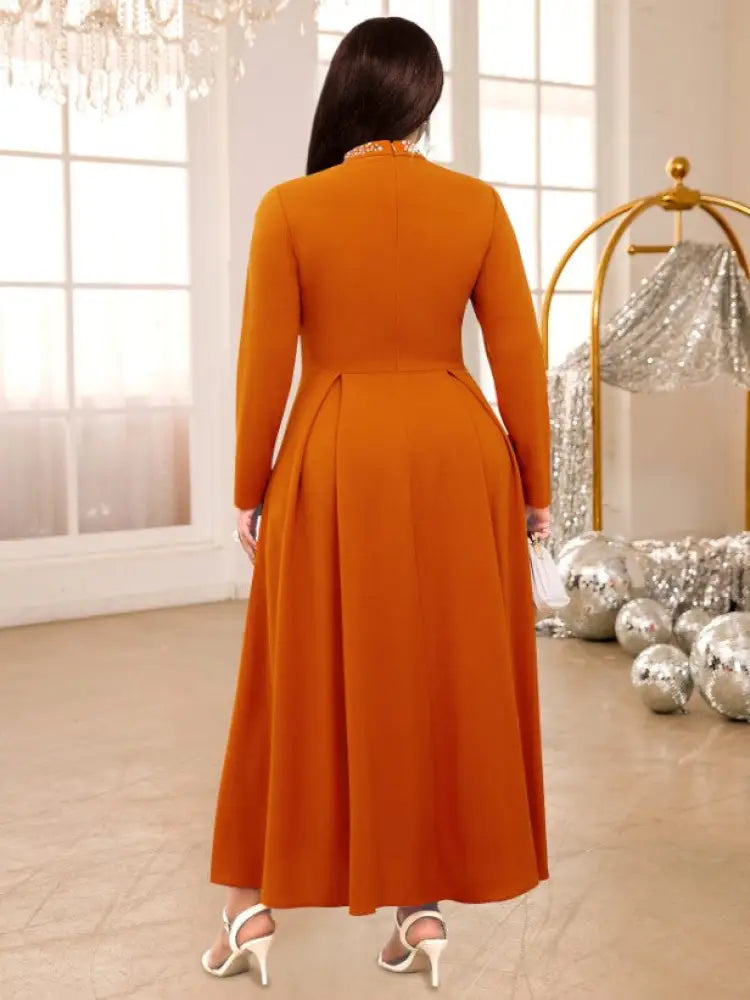 Stand Collar Cut Out Beading Long Sleeves A Line Dress