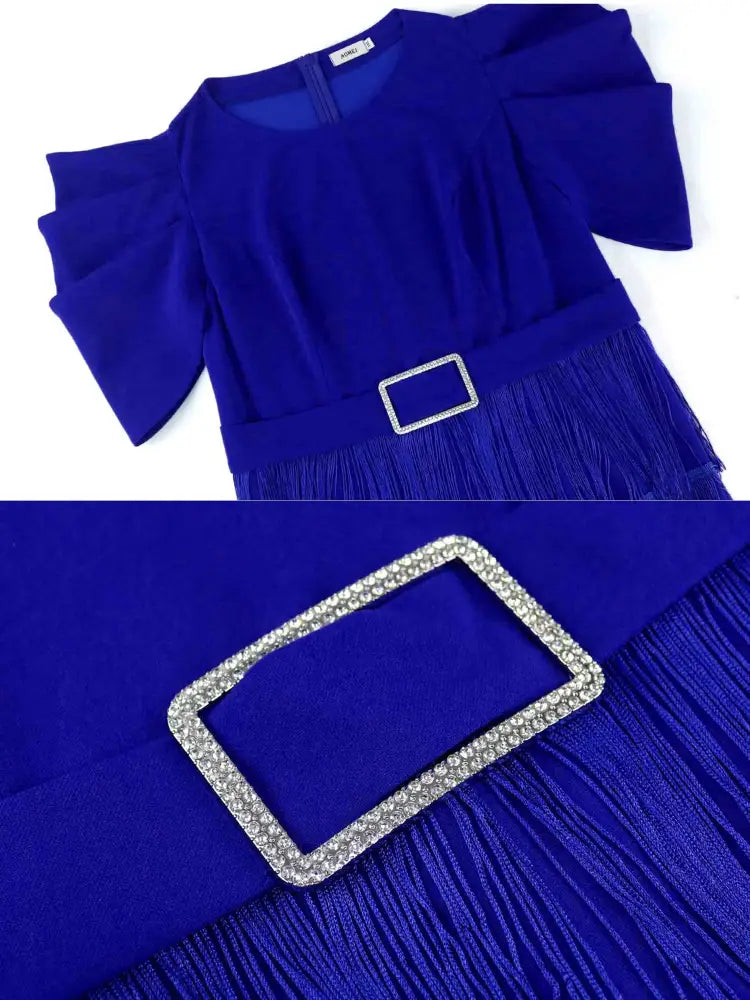 Tassel Maxi Dress O Neck Folds Puff Sleeve High Waist Slim