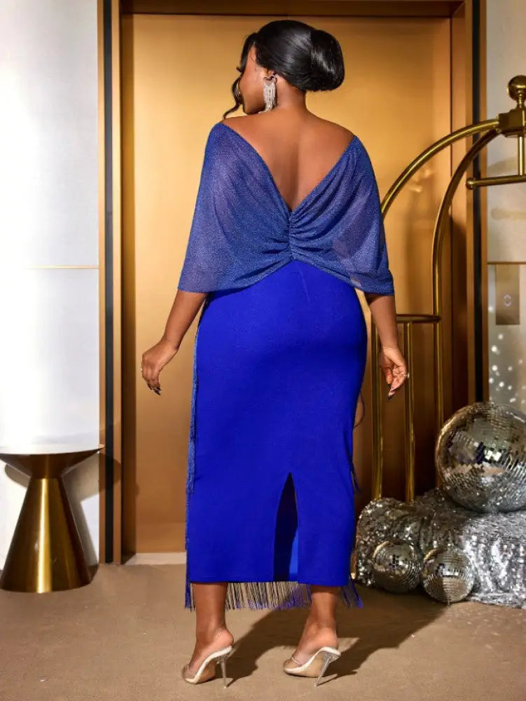 Tassel Maxi Dress Off Shoulder Shawl Sleeve Mesh Patchwork
