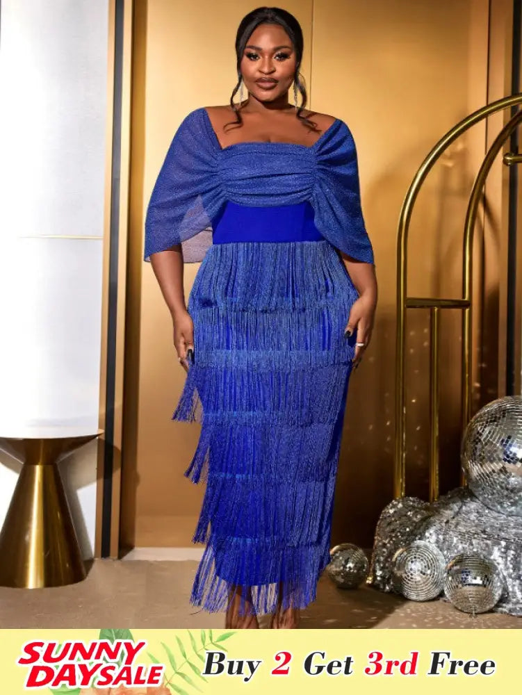 Tassel Maxi Dress Off Shoulder Shawl Sleeve Mesh Patchwork