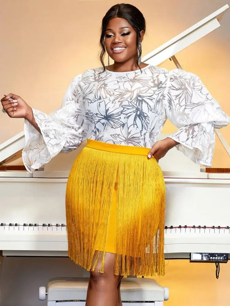 Tulle Sexy Plus Size Party Blouse for Women Ruffles Long Sleeve