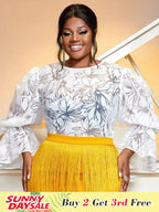 Tulle Sexy Plus Size Party Blouse for Women Ruffles Long Sleeve