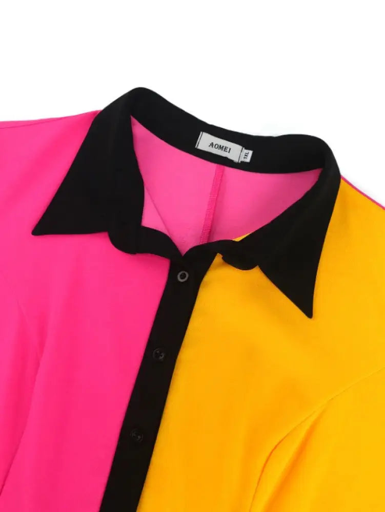 Turn Down Collar Short Sleeve Color Block Pleated Dress