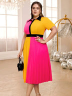 Turn Down Collar Short Sleeve Color Block Pleated Dress