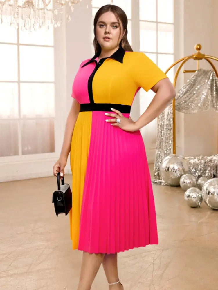 Turn Down Collar Short Sleeve Color Block Pleated Dress