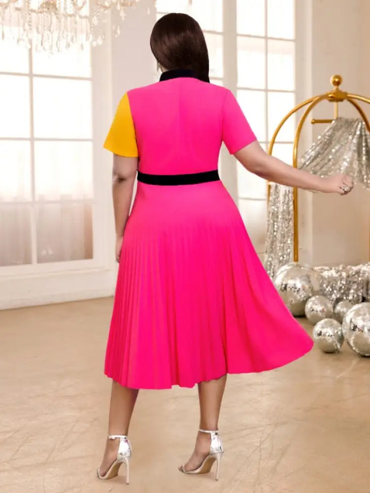 Turn Down Collar Short Sleeve Color Block Pleated Dress