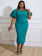 V Neck Cut Out Puff Sleeves Bodycon Party Dresses