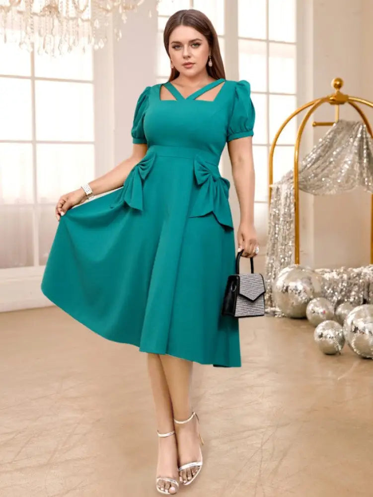 V Neck Cut Out Short Sleeves Bows High Waist A Line Dress