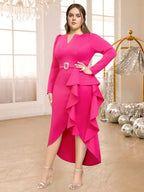 V Neck Dress Long Sleeves Ruffles Asymmetrical High Waist