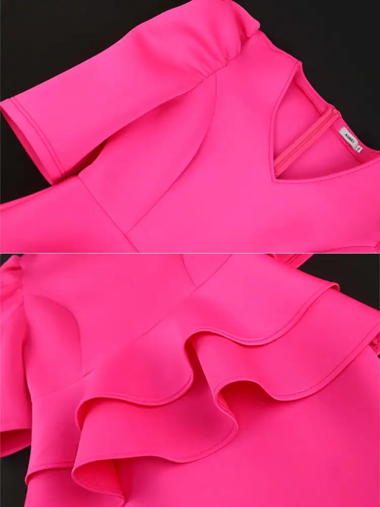 V Neck Dress Puff Half Sleeve Empire Peplum Ruffles Midi