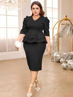 V Neck Dress Puff Half Sleeve Empire Peplum Ruffles Midi