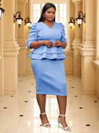 V Neck Dress Puff Half Sleeve Empire Peplum Ruffles Midi