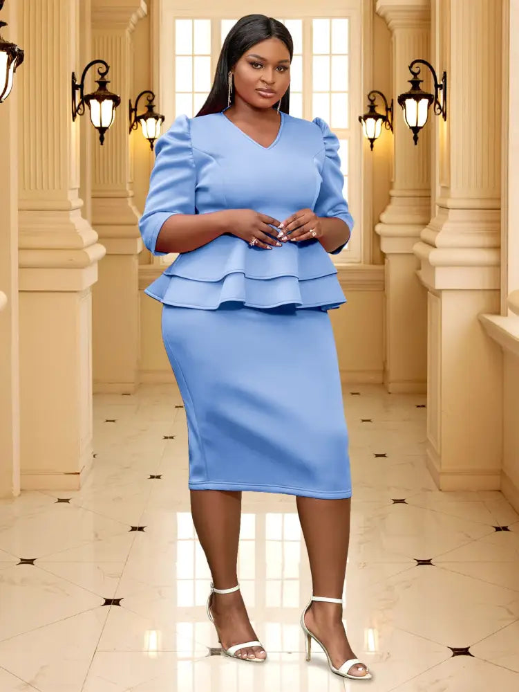 V Neck Dress Puff Half Sleeve Empire Peplum Ruffles Midi