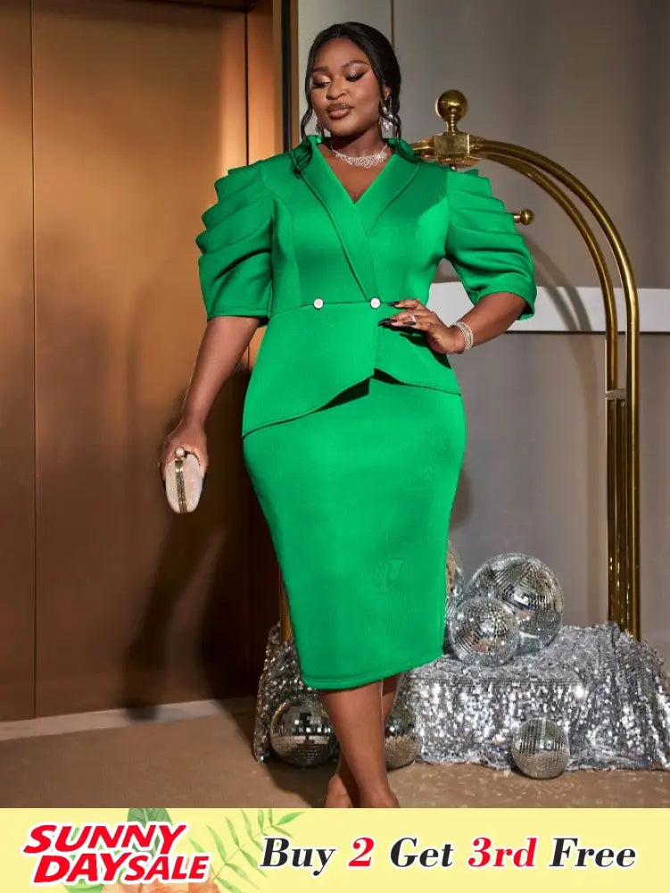 V Neck Dresses Half Puff Sleeve Package Hip High Waist