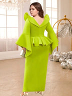 V Neck Maxi Dress Ruffles Long Flare Sleeve Empire Peplum