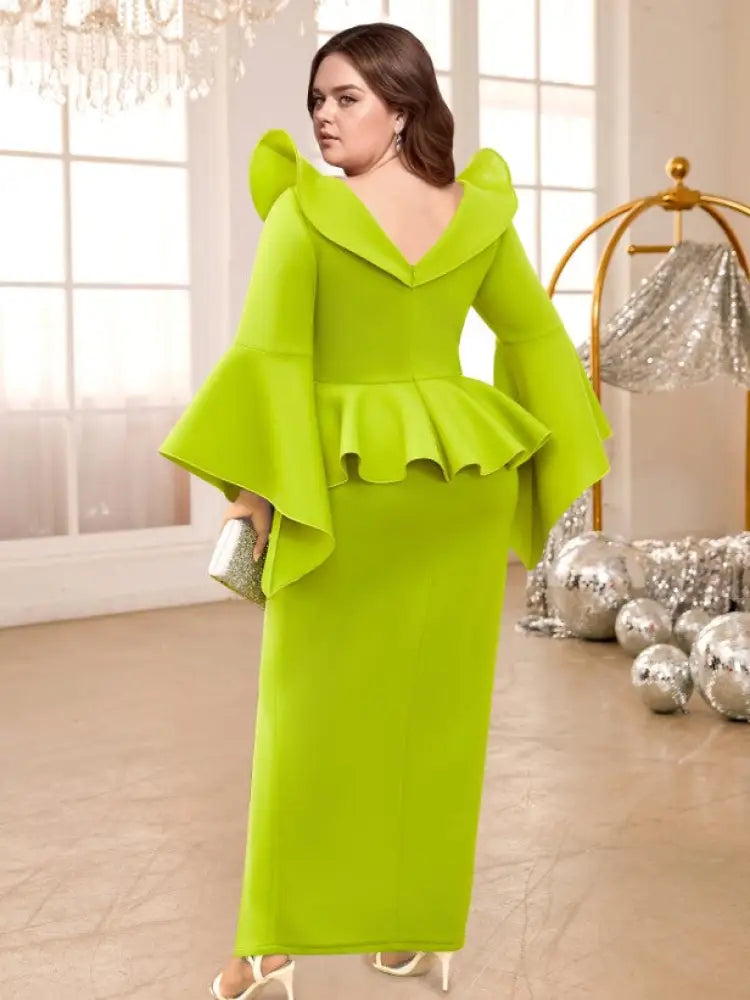 V Neck Maxi Dress Ruffles Long Flare Sleeve Empire Peplum