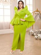 V Neck Maxi Dress Ruffles Long Flare Sleeve Empire Peplum