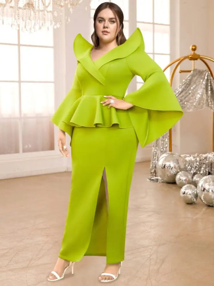 V Neck Maxi Dress Ruffles Long Flare Sleeve Empire Peplum