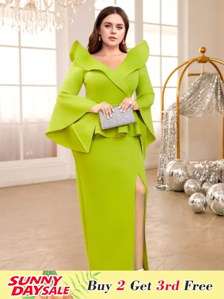 V Neck Maxi Dress Ruffles Long Flare Sleeve Empire Peplum