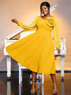 V Neck Pleated Dress 3D Flowers Long Lantern Sleeve A-Line