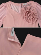 V Neck Pleated Dress 3D Flowers Long Lantern Sleeve A-Line