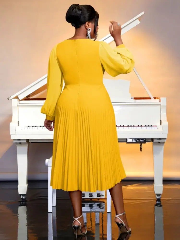 V Neck Pleated Dress 3D Flowers Long Lantern Sleeve A-Line