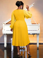 V Neck Pleated Dress 3D Flowers Long Lantern Sleeve A-Line