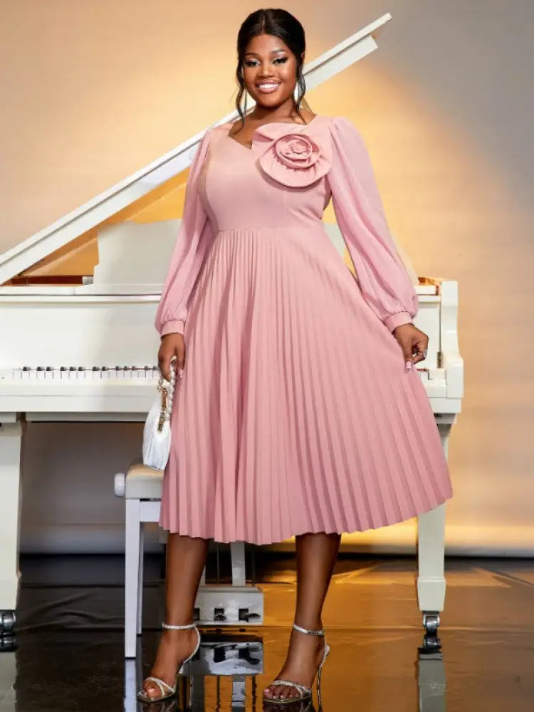 V Neck Pleated Dress 3D Flowers Long Lantern Sleeve A-Line