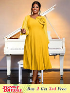 V Neck Pleated Dress 3D Flowers Long Lantern Sleeve A-Line
